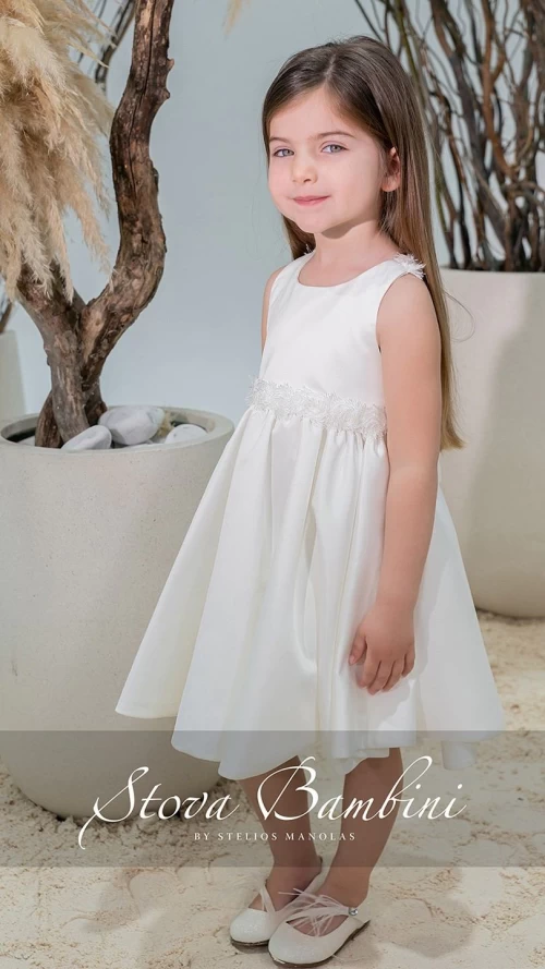 Βαπτιστικό Φόρεμα Κοριτσιού Ivory Satin με Φιόγκο και Ασορτί Στέκα6