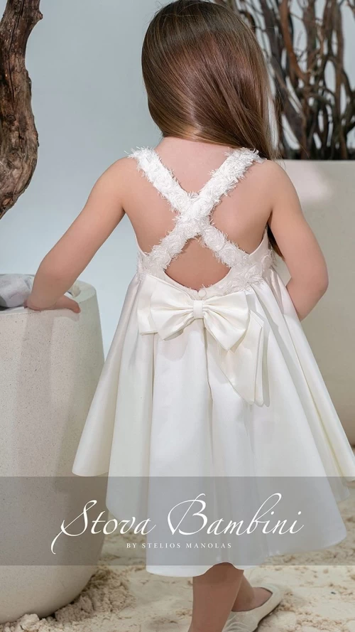 Βαπτιστικό Φόρεμα Κοριτσιού Ivory Satin με Φιόγκο και Ασορτί Στέκα6