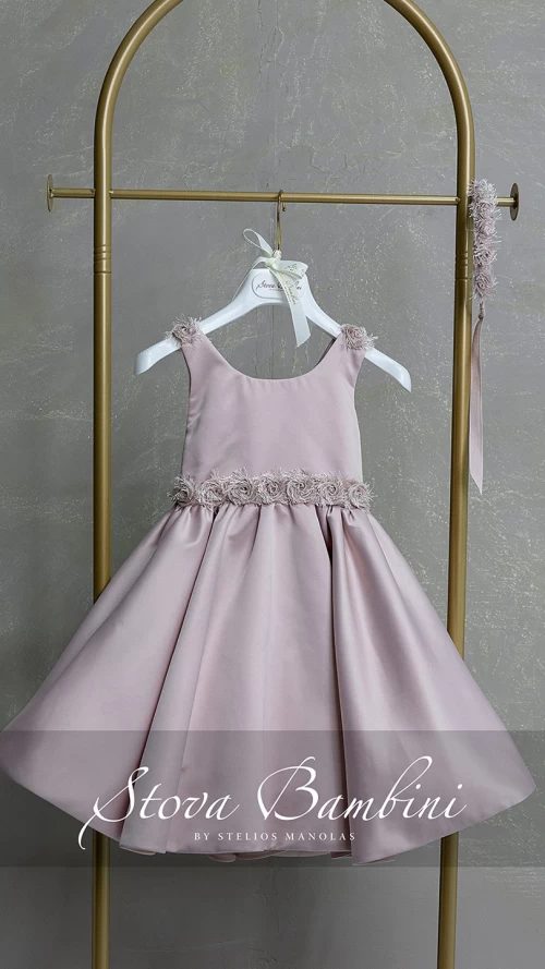 Βαπτιστικό Φόρεμα Κοριτσιού Dusty Pink Satin με Ασορτί Στέκα2
