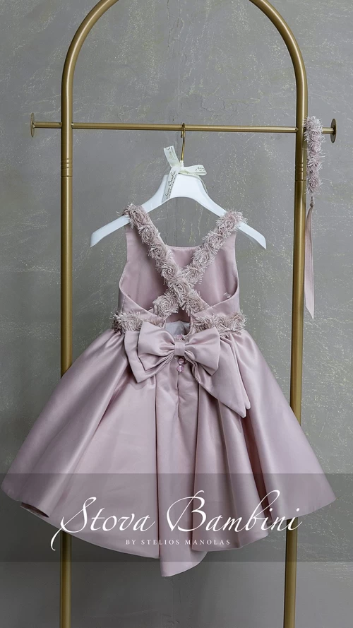 Βαπτιστικό Φόρεμα Κοριτσιού Dusty Pink Satin με Ασορτί Στέκα2