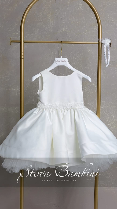 Βαπτιστικό Φόρεμα Κοριτσιού Ivory Satin με Πλούσια Φούστα και Ασορτί Στέκα2