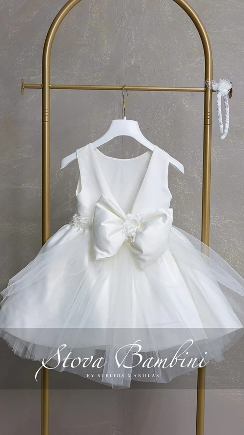 Βαπτιστικό Φόρεμα Κοριτσιού Ivory Satin με Πλούσια Φούστα και Ασορτί Στέκα2
