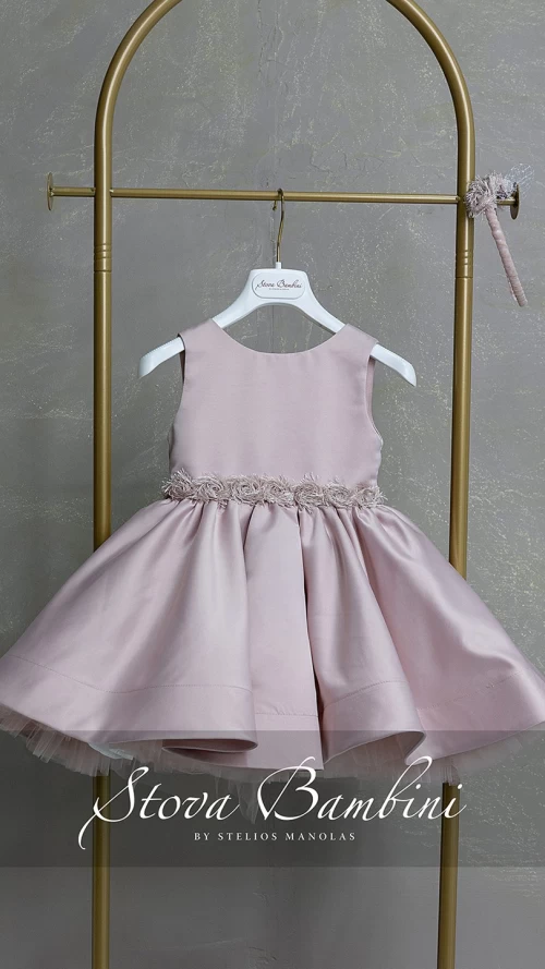 Βαπτιστικό Φόρεμα Κοριτσιού Dusty Pink Satin με Πλούσια Φούστα και Ασορτί Στέκα5