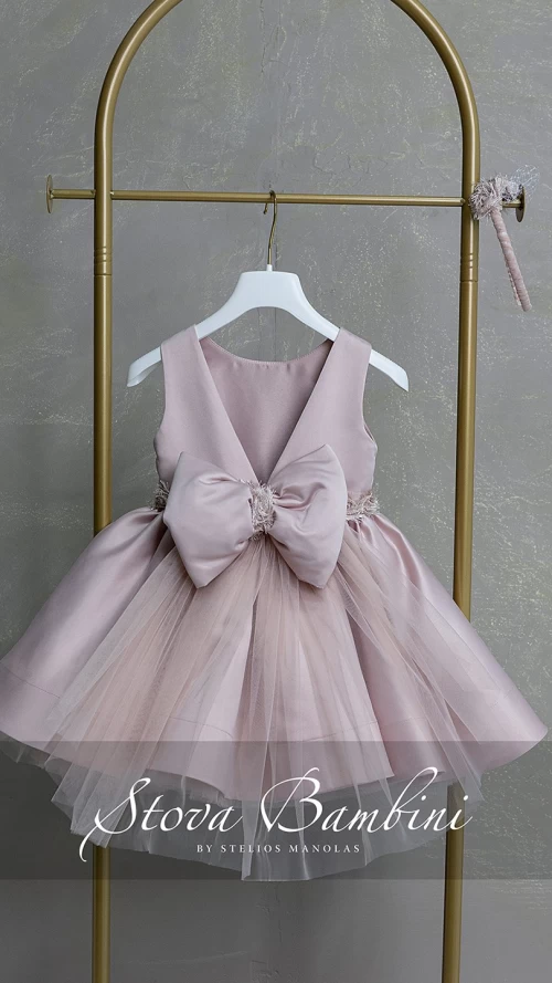 Βαπτιστικό Φόρεμα Κοριτσιού Dusty Pink Satin με Πλούσια Φούστα και Ασορτί Στέκα5