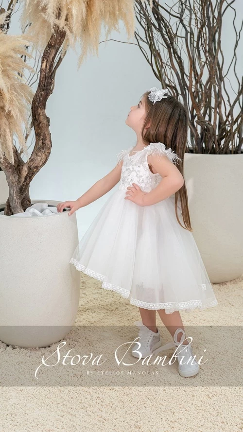 Βαπτιστικό Φόρεμα Κοριτσιού Ivory με Τούλι, Παγιέτες και Φιόγκο6