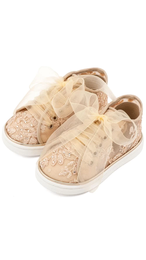 Παιδικά Sneakers με Δαντέλα & Φιόγκο | Εκρού & Μπεζ Κοριτσίστικα6
