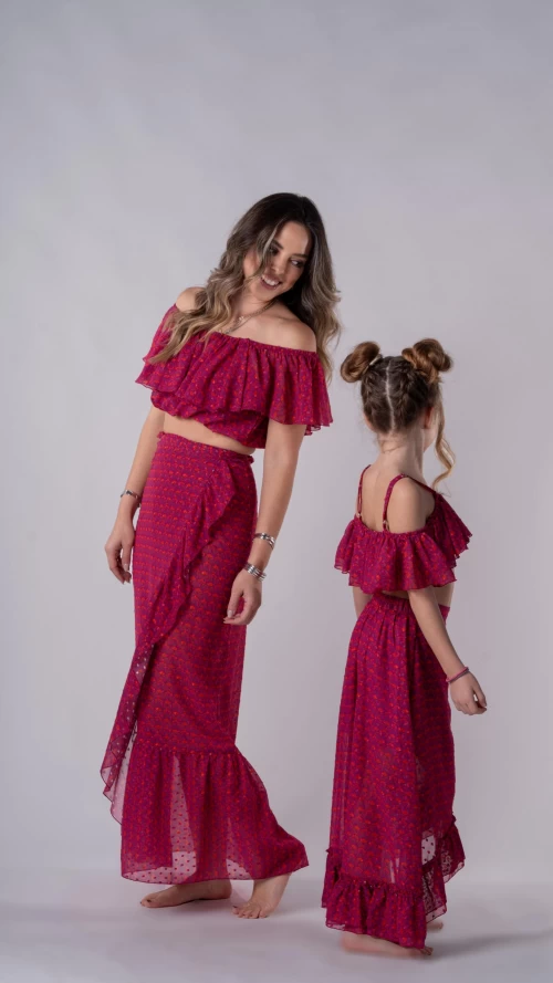 Γυναικείο Φούξια Crop Top με Βολάν και Έξω Ώμους3