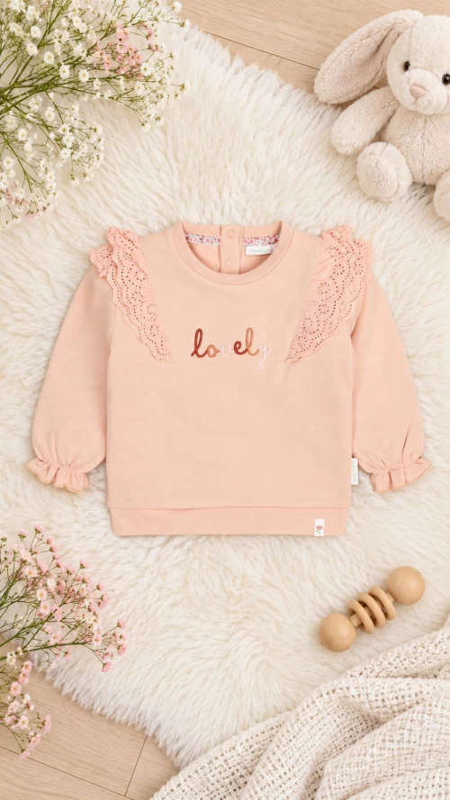 Blush Pink Παιδική Μπλούζα με Δαντελένια Βολάν4
