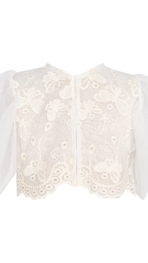 Βρεφικό Μπολερό Εκρού με Δαντέλα και Τούλινα Μανίκια1